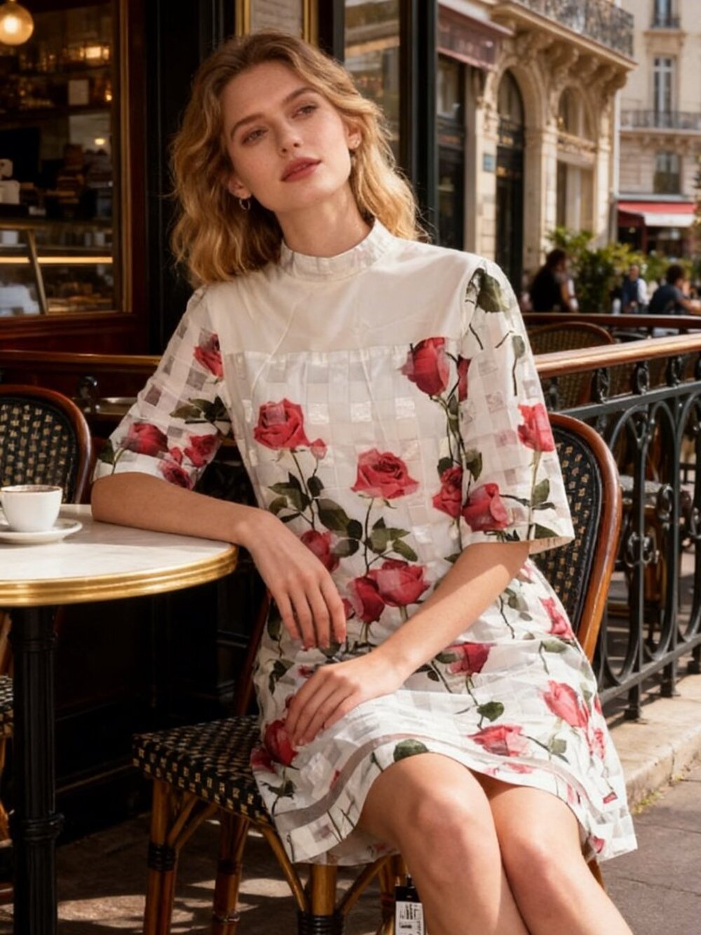 #58993 Red rose print plaid semi-sheer elegant straight-cut skirt.
